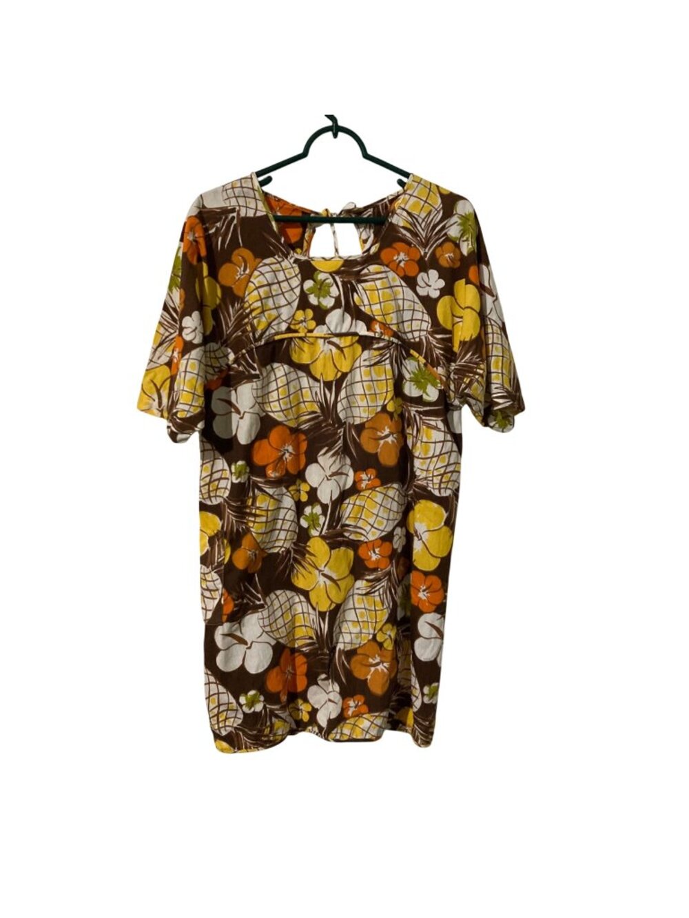 Vintage Hawaiian Print Pineapple Pinafore Apron Or Smock With One Pocket